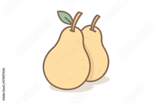 Stylized pair of yellow pears with stems and green leaves