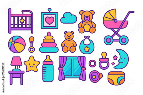Vibrant set of essential baby nursery and infant care symbols