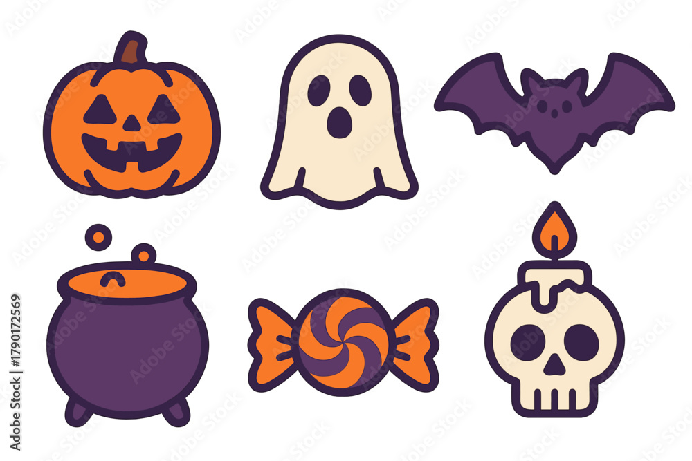 Fototapeta premium Collection of cute Halloween symbols: pumpkin, ghost, bat, cauldron, candy, and skull