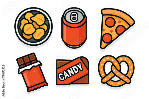 Set of popular snack foods and treats simple icons