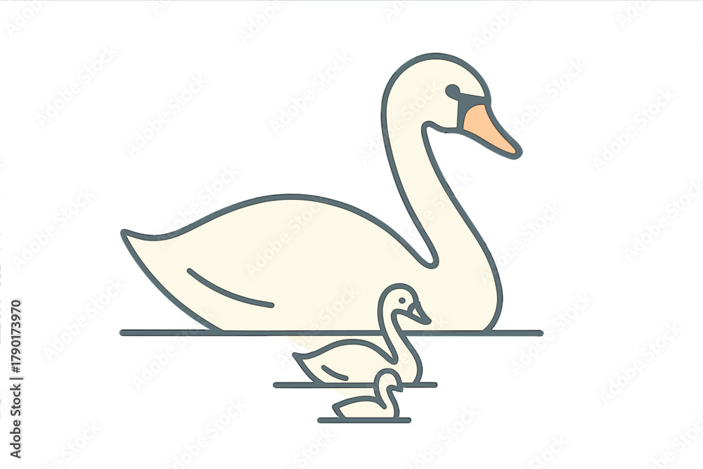 Fototapeta premium Stylized swan and cygnets swimming on water line icon outline
