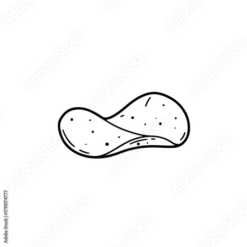 Single potato chip crisp minimal line vector illustration for snack packaging branding, food design graphics, and culinary visuals