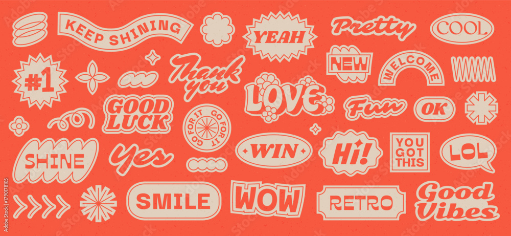 Naklejka premium Nostalgic labels with motivational quotes, retro groovy patches. Funky affirmation stickers, playful bold comic style badges, inspirational sticker pack with vintage graphic elements vector set