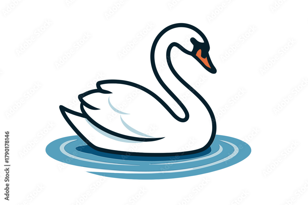 Fototapeta premium Stylized white swan floating on blue water ripples graphic