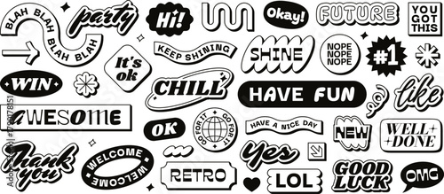 Funky sticker pack with motivational quotes, retro groovy labels. Various nostalgic affirmation stickers, playful vintage inspirational labels, black and white bold comic style badges vector set