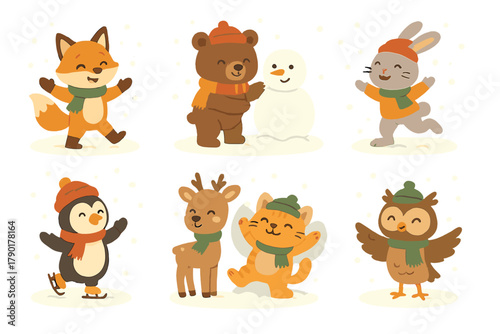 Charming woodland and arctic animals enjoying snowy winter activities