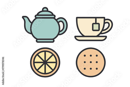 Teatime icons set featuring teapot cup lemon slice and cookie