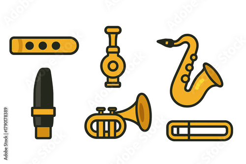 Collection of stylized brass and woodwind musical instrument components