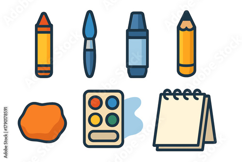 Colorful icons representing various art and craft supplies