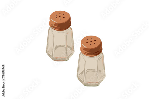 Pair of empty glass salt and pepper shakers with terracotta lids
