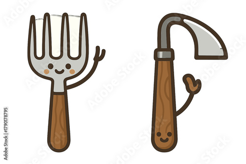 Anthropomorphic gardening hand tools with smiling faces and waving arms