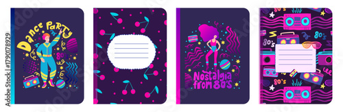 Retro Music Party Notebook Copybook Cover Girl Boy Background Set Diary Vector