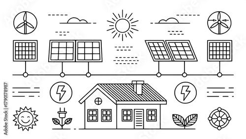 A clean vector-style grid of solar energy line icons in black and white. Icons show solar panel variations — roof-mounted house, direct sunlight, energy flow arrows, electric power symbol, double pane