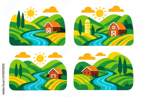 Stylized icons of rural landscape with rolling hills river and farm buildings