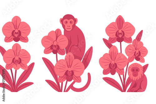 Monkeys and pink orchid flowers in stylized tropical arrangement