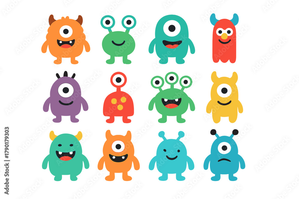 Naklejka premium Twelve colorful cute cartoon monster characters with varied expressions and features