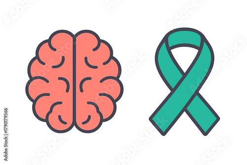 Brain organ and awareness ribbon icons for mental health support