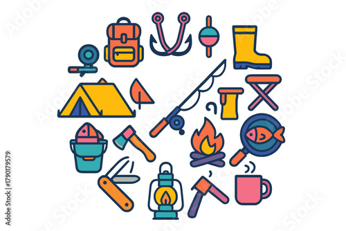 Colorful icons for camping and fishing outdoor recreation equipment