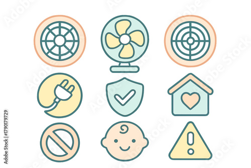 Set of nine simple icons for home cooling and child safety measures