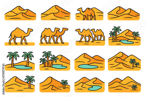 Set of stylized desert icons featuring sand dunes, camels, and oases with palm trees