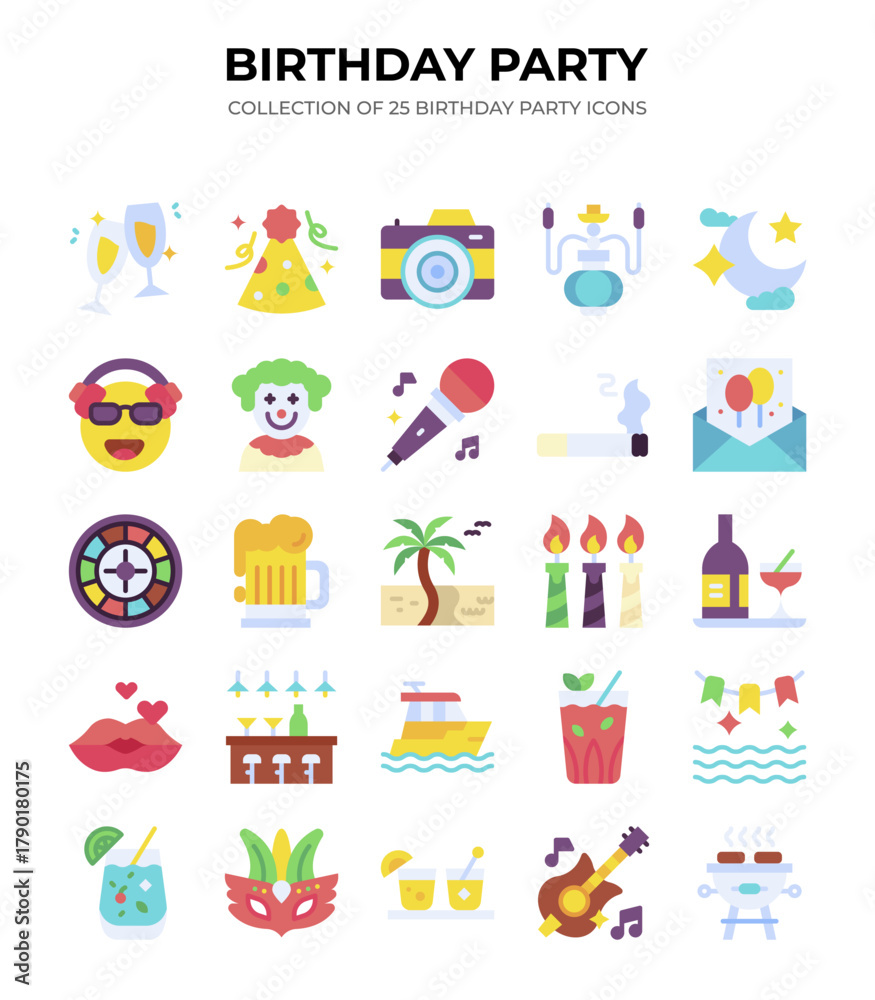 Naklejka premium Birthday Party Icons. 25 Colorful Festive Vector Icons for Celebration