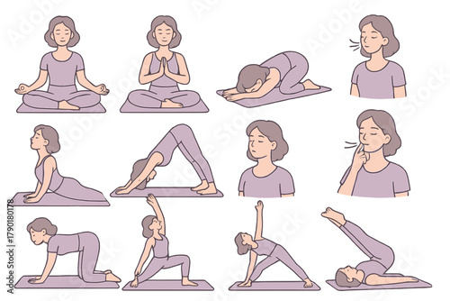 Female performing various yoga poses and mindful breathing exercises on mats