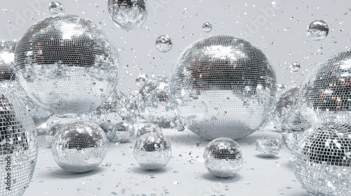 white background with many different size 3d disco ball 