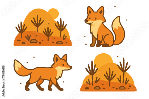 Charming cartoon fox animals in vibrant autumn landscape setting