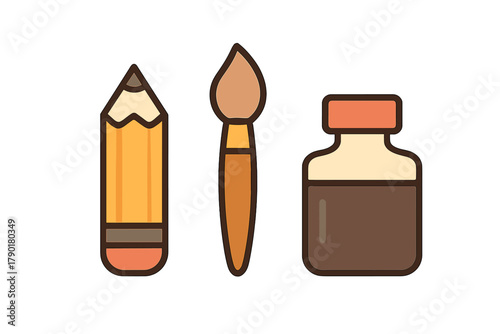 Basic drawing tools icons featuring pencil brush and ink bottle