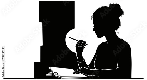 Silhouette woman writing in book study education illustration