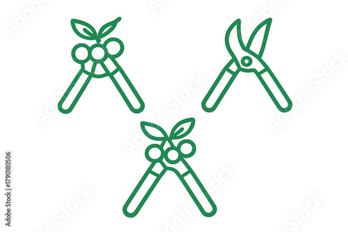 Set of three green line icons for gardening and fruit harvesting tools