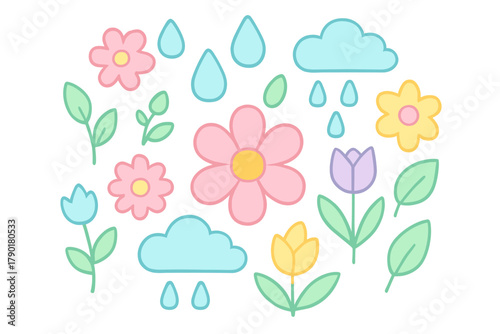 Pastel spring elements collection featuring flowers clouds and raindrops