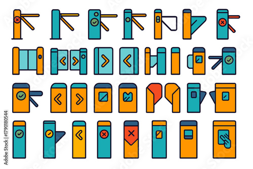 Set of access control turnstile and entry gate symbols for security systems
