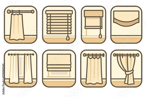 Eight window covering icons: curtains, blinds, and various shades