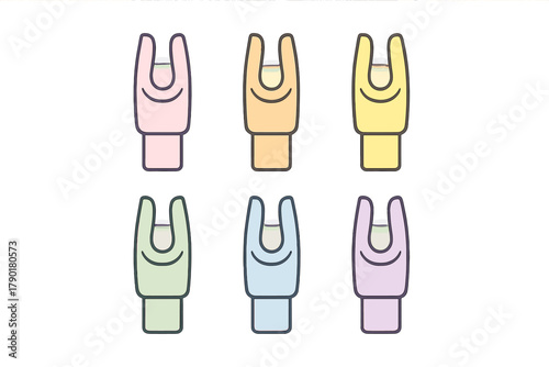 Six pastel gradient archery nock tools displayed in a grid