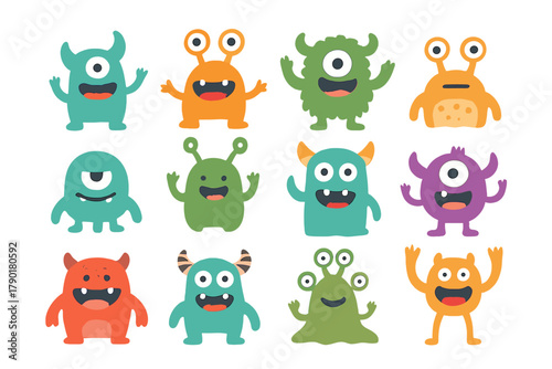 Twelve colorful cute cartoon monsters with various eyes and horns