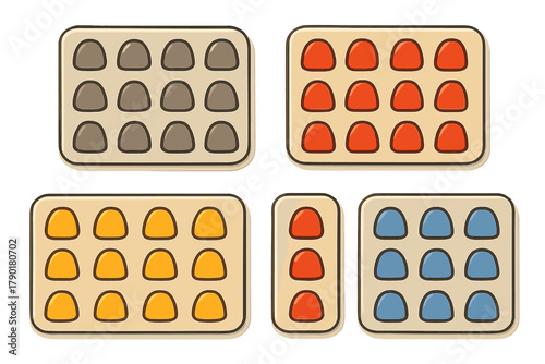 Assortment of colorful candy or pill blister packs with dome shapes