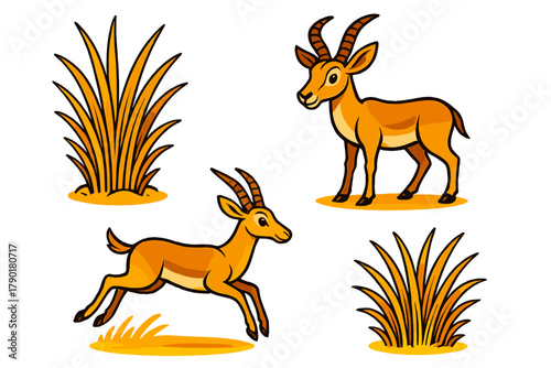 Set of cartoon gazelle animals and savanna grass clumps