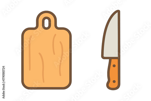 Wooden cutting board and chef knife isolated on white background