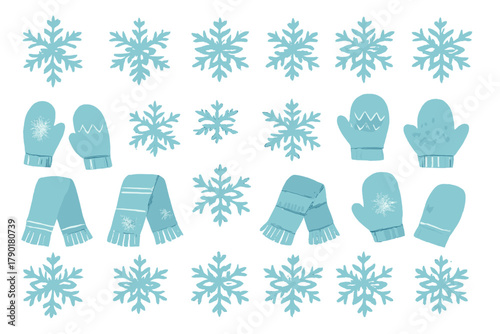 Assortment of blue winter mittens scarves and falling snowflakes