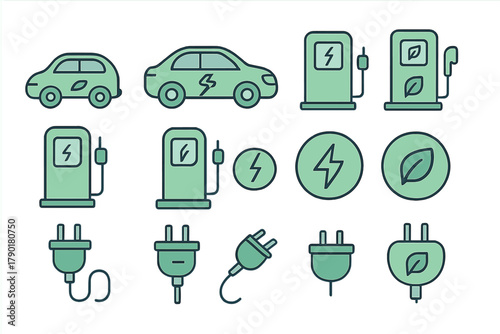 Electric vehicle charging station and plug icons set with green energy theme