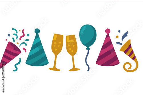 Colorful assortment of festive party supplies and sparkling champagne flutes