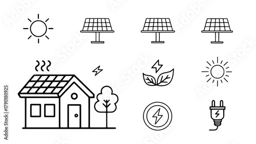 A minimalist grid of black line art icons illustrating solar panel technology. The icons include a house with solar panels, solar panel with sun, energy arrows, lightning bolt, twin panels, plug conne