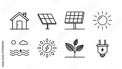 A minimalist grid of black line art icons illustrating solar panel technology. The icons include a house with solar panels, solar panel with sun, energy arrows, lightning bolt, twin panels, plug conne