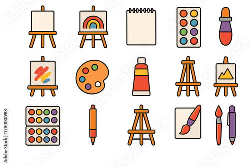 Set of colorful art supplies icons featuring easels paint brushes and mixing palettes