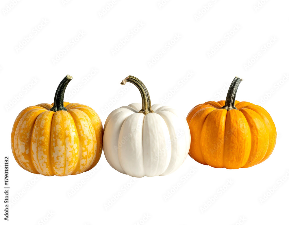 Fototapeta premium Three gourds in orange, white, and striped