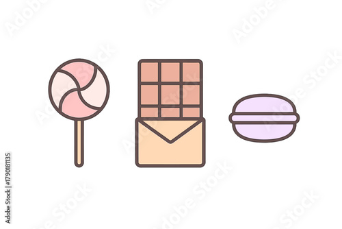 Assortment of sweet treats icons featuring lollipop, chocolate bar, and macaron