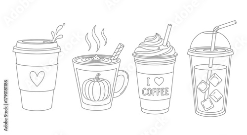 Cute Doodle Coffee Cups Outline - Iced & Hot Beverages
