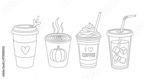 Cute Doodle Coffee Cups Outline - Iced & Hot Beverages
