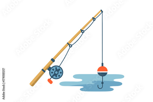 Fishing rod setup with reel line bobber and hook above water surface